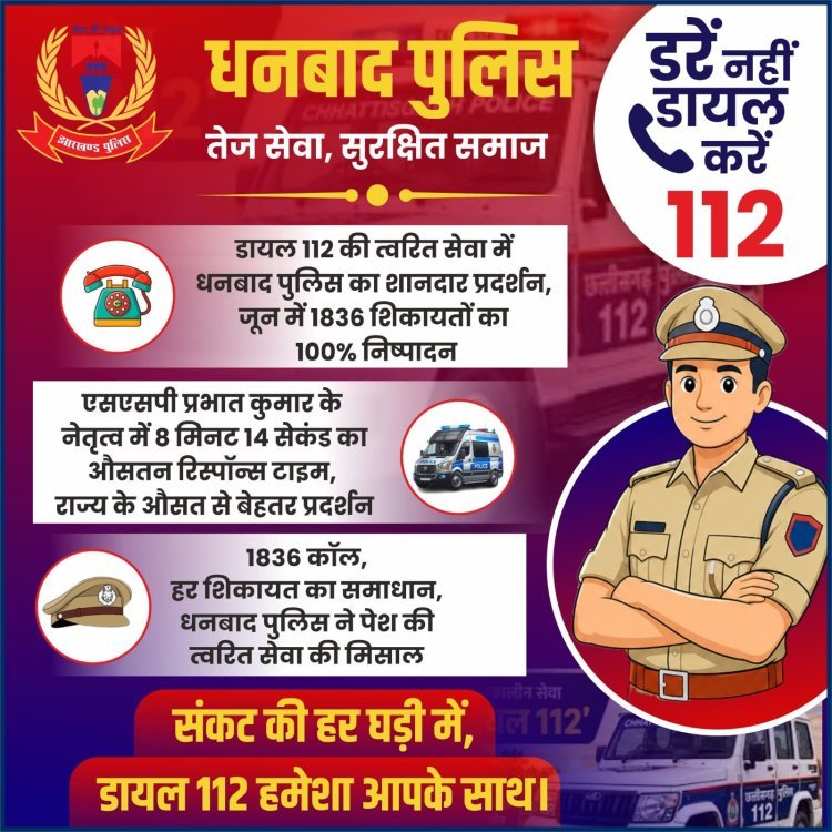 धनबाद पुलिस का रिकॉर्ड: डायल-112 पर जून की 1836 शिकायतों का 100% समाधान, पूरे झारखंड में तीसरा स्थान